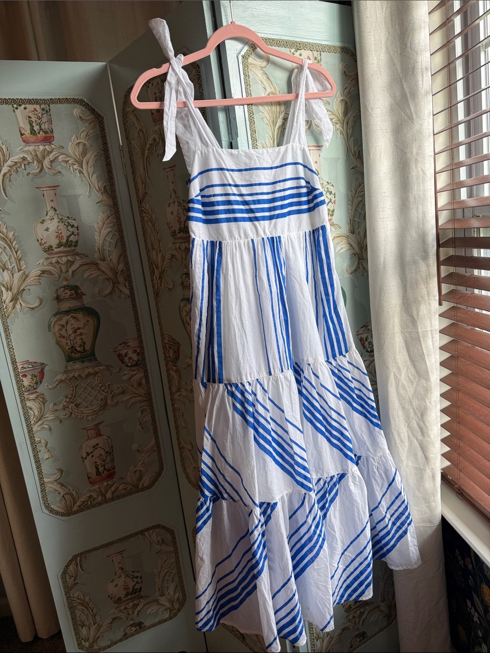 Charter Club White Maxi Dress with Blue Stripes
